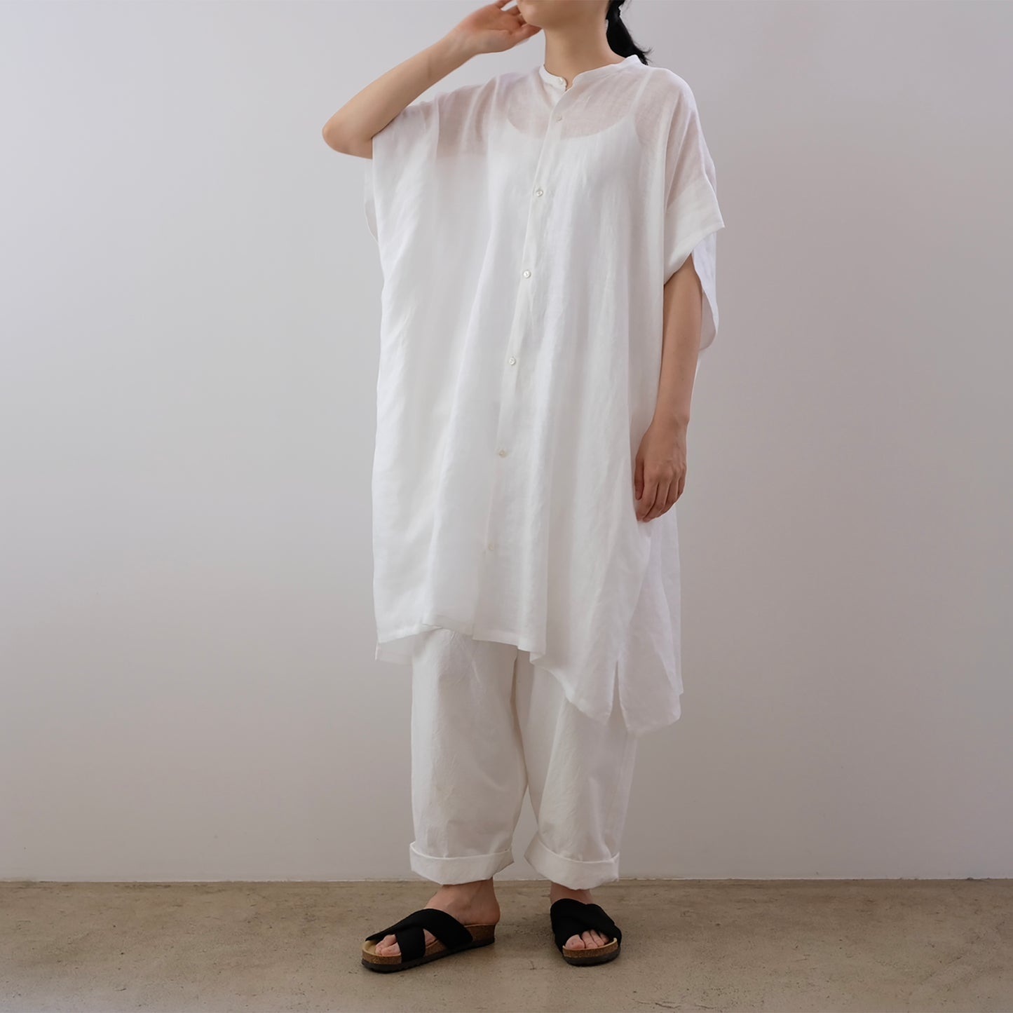 French Linen Stand Collar Long Shirt