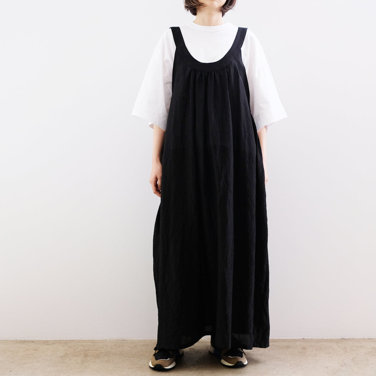 Silk Cotton Lawn Gather Dress - Black