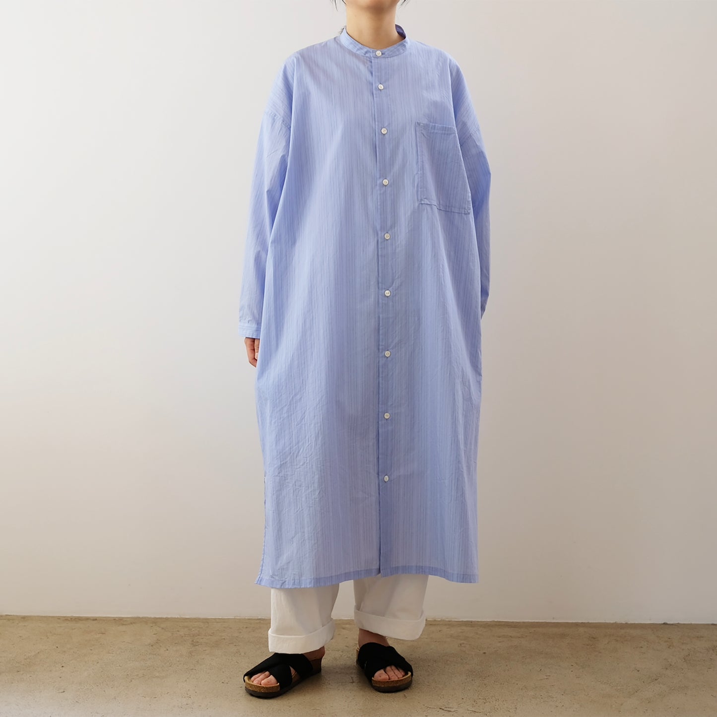 Band collar long shirt dress
